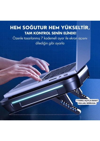 Profesyonel Yükseklik Ayarlı 2400RPM Rgb Işıklı Laptop Soğutucu Turbo Soğutma Radyatörü 14-19.3inç