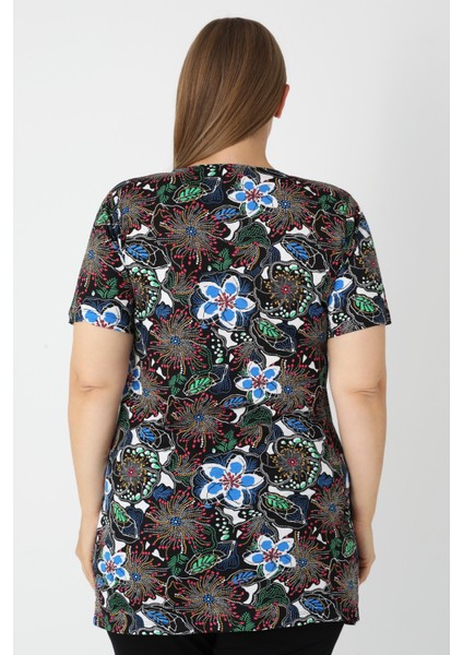 Haki Desenli Kısa Kollu Kadın Büyük Beden Pamuklu T-Shirt indirimleri