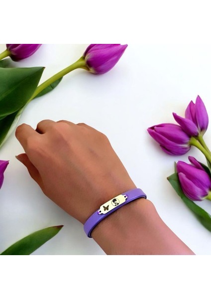 14 Ayar Altın Plakalı Atatürk Temalı Kelebek Figürlü Doğal Mor Derili Hediye BILEKLIK-653SEMBOL