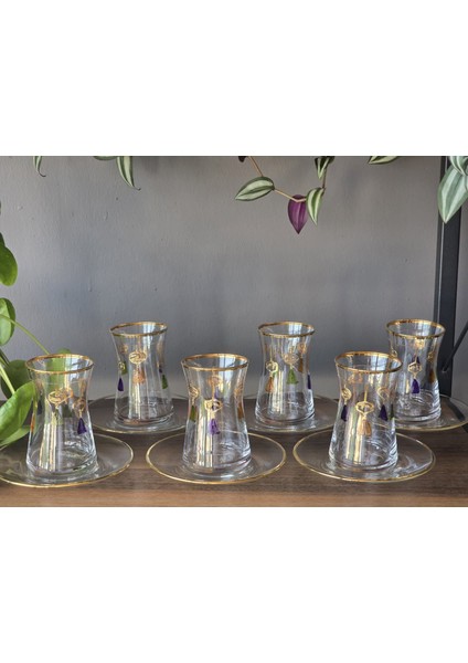 12 Parça 6 Kişilik 24K El Işçiliği - Gerçek Altın Işlemeli Çay Seti Püskül 2