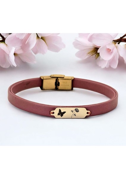 14 Ayar Plakalı Altın Gül Temalı Kelebek Motifli Koyu Pembe Derili Hediye BILEKLIK-654SEMBOL fiyatları