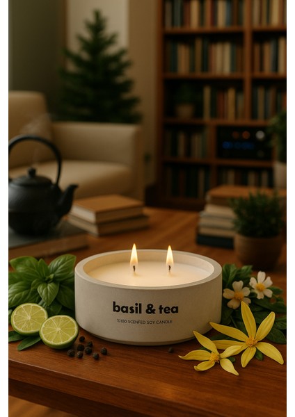 Dekoratif El Yapımı Yatay Mum : Çift Fitilli : Kokulu Soya Mum : Basil & Tea