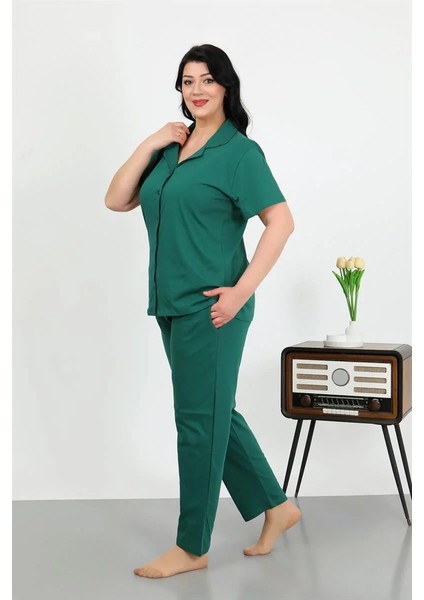 Kadın Büyük Beden Pamuklu Cepli Düğmeli Zümrütyeşili Pijama Takım