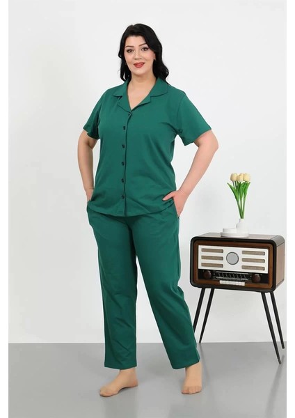 Kadın Büyük Beden Pamuklu Cepli Düğmeli Zümrütyeşili Pijama Takım fiyatları