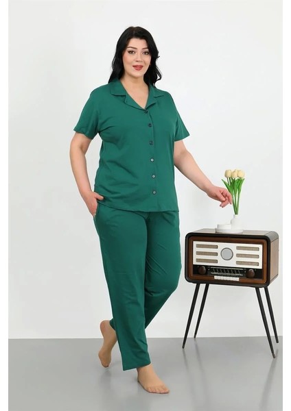 Kadın Büyük Beden Pamuklu Cepli Düğmeli Zümrütyeşili Pijama Takım modelleri