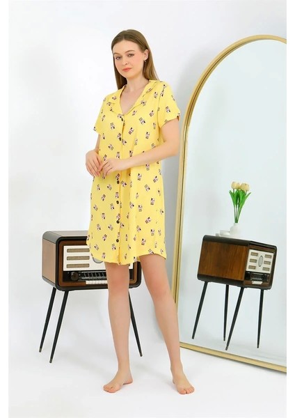Kadın Pamuk Penye Kısa Kol Düğmeli Sarı Tunik Gecelik