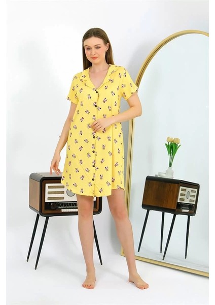 Kadın Pamuk Penye Kısa Kol Düğmeli Sarı Tunik Gecelik fırsatları