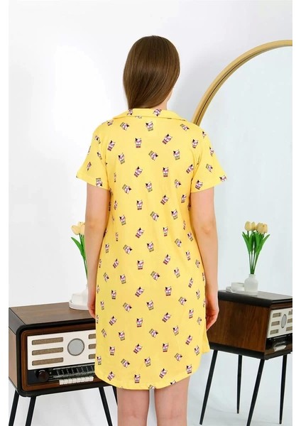 Kadın Pamuk Penye Kısa Kol Düğmeli Sarı Tunik Gecelik
