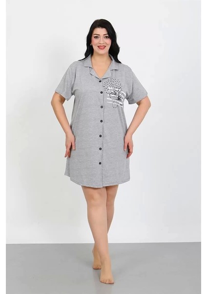 Büyük Beden Penye Düğmeli Gri Tunik Gecelik