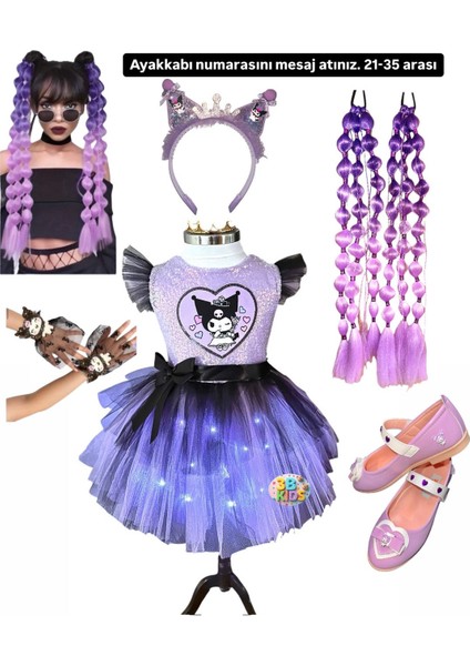 Kuromi Elbise Kostüm Kuromi Taç Kuromi Bubble Saç Kuromi Eldiven Kuromi Babet Ayakkabı Parti Seti