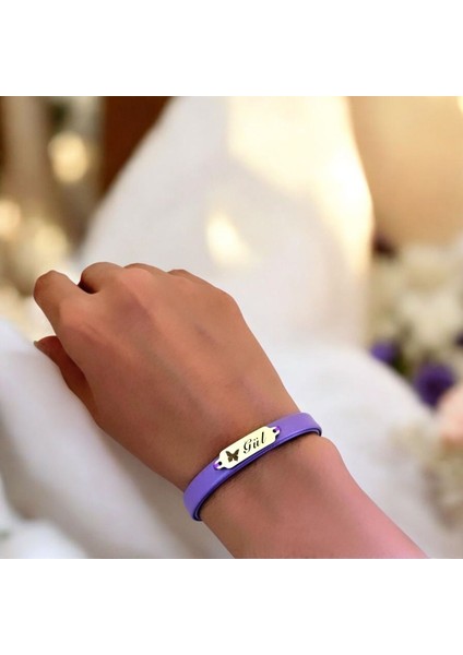 Altın Plakalı 14 Ayar Gül Ismine Özel Doğal Mor Derili Kelebek Figürlü Hediye BILEKLIK-653ISIM