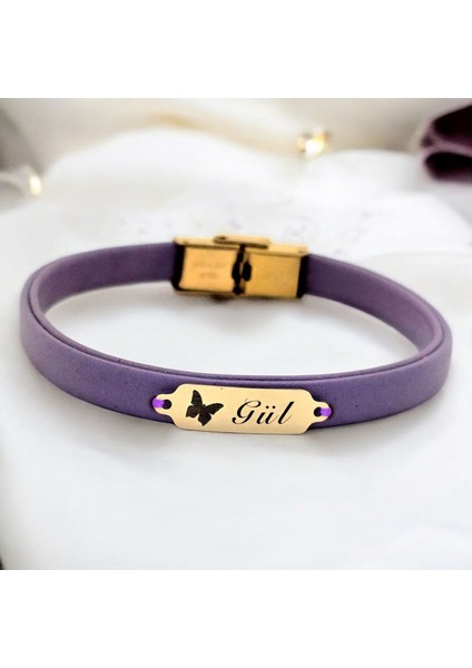 Altın Plakalı 14 Ayar Gül Ismine Özel Doğal Mor Derili Kelebek Figürlü Hediye BILEKLIK-653ISIM fiyatları
