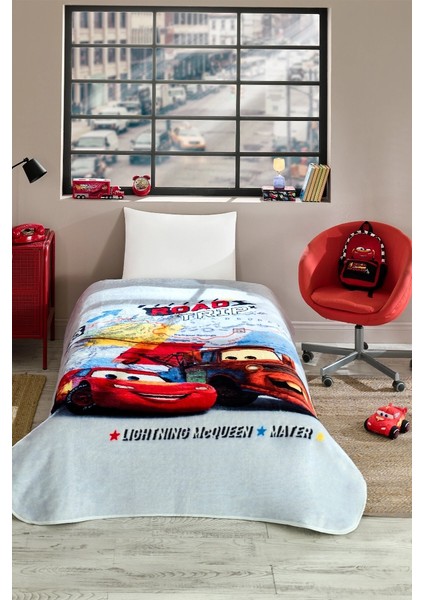 Lisanslı Tek Kişilik Çocuk Battaniye (155X215)-ŞIMŞEK Mcqueen Cars Road Gri