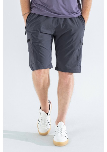 Erkek Gri Nefes Alan Likralı Kumaş 5 Cepli Outdoor Kargo Kapri Şort