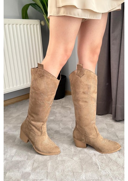 Kadın Jasire Bej Süet Nakışlı Western Kovboy Cowgirl Bot Çizme fırsatları