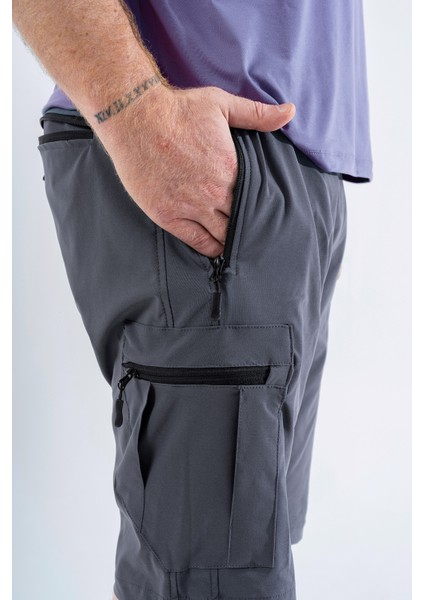 Erkek Gri Nefes Alan Likralı Kumaş 5 Cepli Outdoor Kargo Kapri Şort