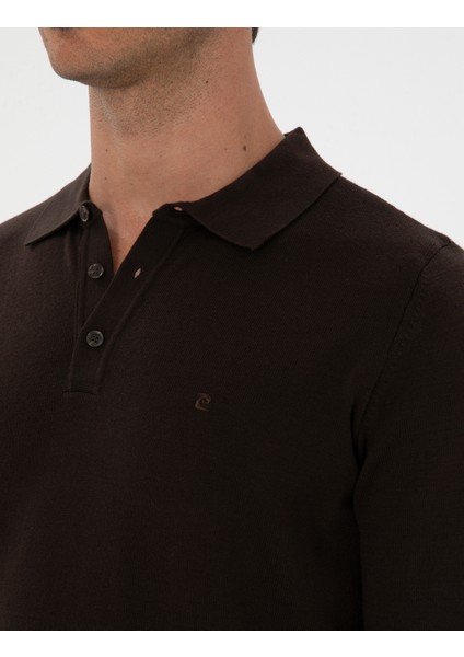 Erkek Koyu Kahverengi Slim Fit Polo Yaka Basic Triko Kazak 50315405-VR084