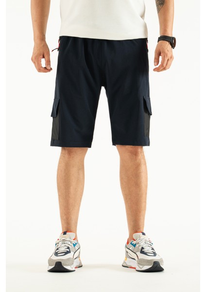 Erkek Lacivert Nefes Alan Likralı Kumaş 5 Cepli Outdoor Kapri Şort