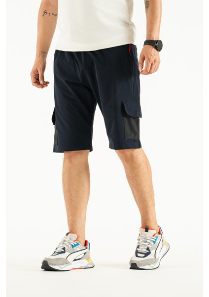 Erkek Lacivert Nefes Alan Likralı Kumaş 5 Cepli Outdoor Kapri Şort