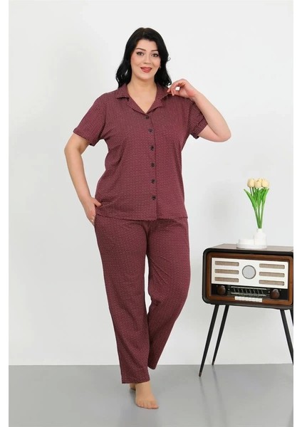 Kadın Büyük Beden Pamuklu Cepli Düğmeli Mor Pijama Takım indirimleri