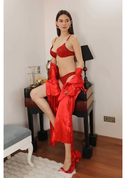 Kadın Destekli Aksesuarlı Sütyen Takım Kırmızı modelleri