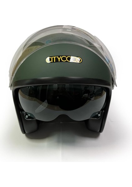 Motosiklet Yarım Kask , Mat Yeşil, Çift Vizörlü, Vintage Stil, Terletme Yapmaz Pedler