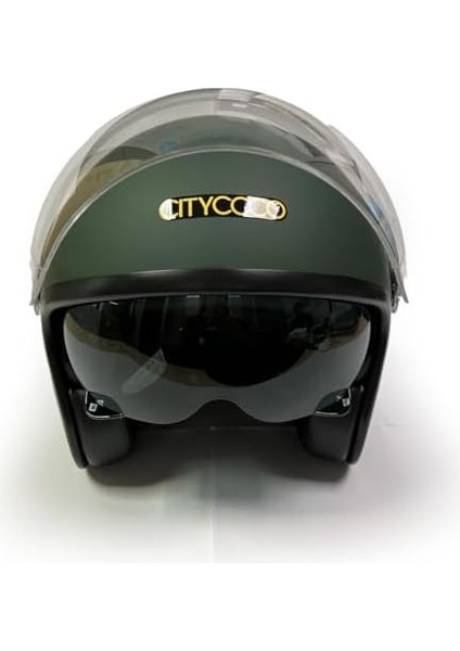 Motosiklet Yarım Kask , Mat Yeşil, Çift Vizörlü, Vintage Stil, Terletme Yapmaz Pedler fiyatları