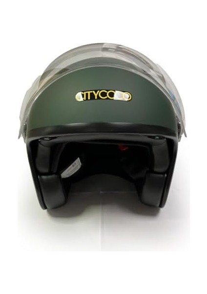Motosiklet Yarım Kask , Mat Yeşil, Çift Vizörlü, Vintage Stil, Terletme Yapmaz Pedler modelleri