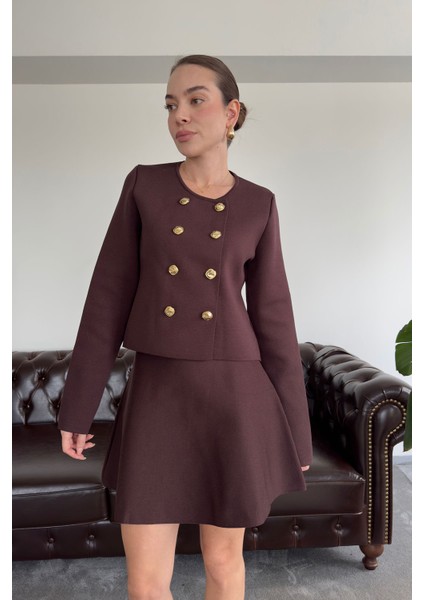 Düğmeli Yeni Sezon Etekli Triko Takım- Kahverengi