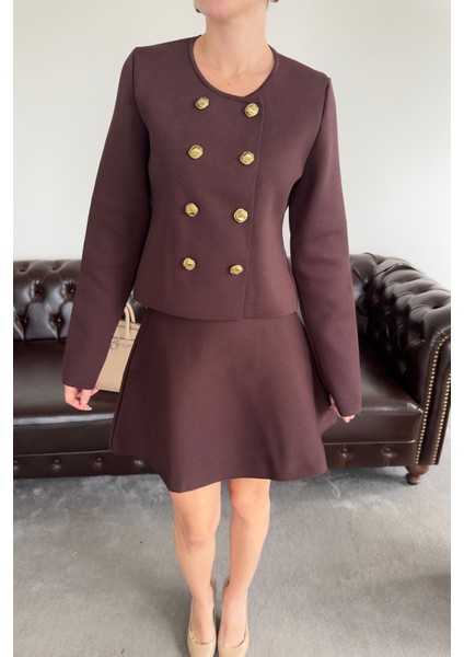 Düğmeli Yeni Sezon Etekli Triko Takım- Kahverengi fiyatları