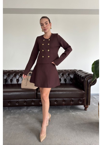 Düğmeli Yeni Sezon Etekli Triko Takım- Kahverengi modelleri