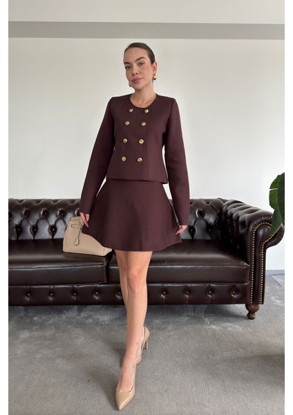 Düğmeli Yeni Sezon Etekli Triko Takım- Kahverengi fırsatları