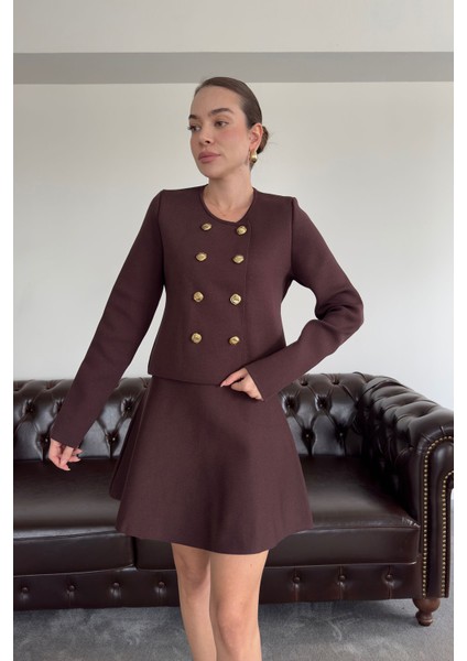 Düğmeli Yeni Sezon Etekli Triko Takım- Kahverengi indirimleri