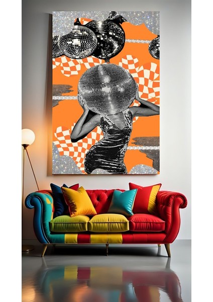 Disko Topu Kafalı Kadın Ev Duvar Salon Güzellik Salonu Ofis Dükkan Dekarasyon Kanvas Tablo