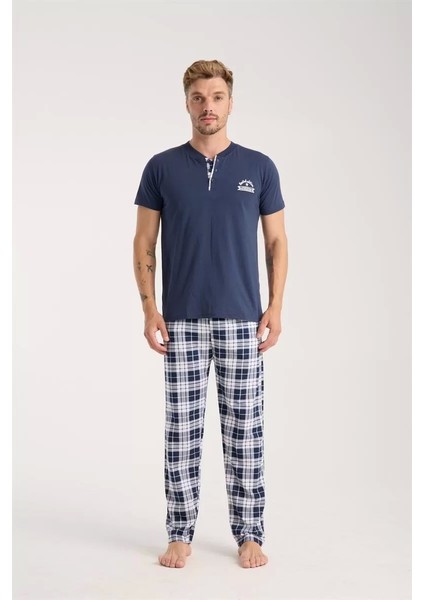 Erkek Lacivert Düğmeli Yaka Kısa Kol Pijama Takımı
