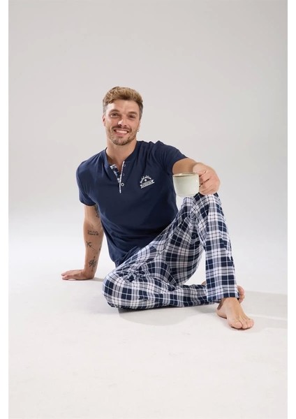 Erkek Lacivert Düğmeli Yaka Kısa Kol Pijama Takımı
