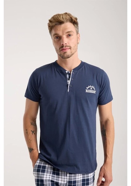 Erkek Lacivert Düğmeli Yaka Kısa Kol Pijama Takımı