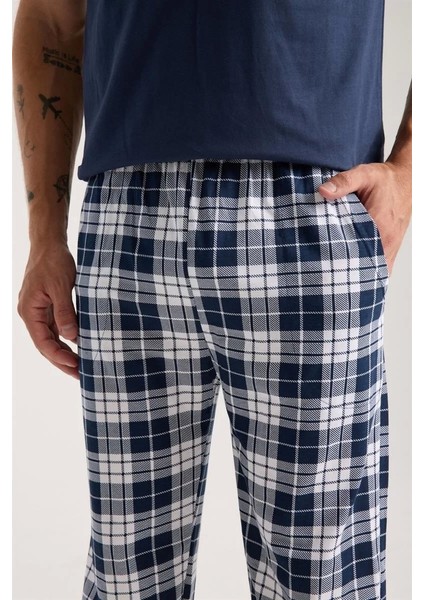 Erkek Lacivert Düğmeli Yaka Kısa Kol Pijama Takımı