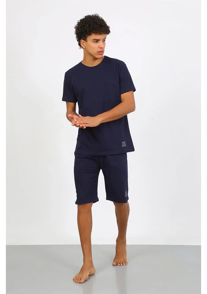Erkek Pamuk Lakost Alt Üst Kaprili Pijama Takım Lacivert