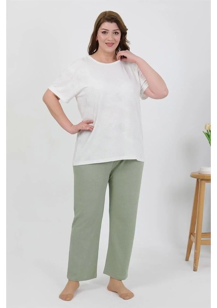 Kadın Büyük Beden Kısa Kol Penye Pijama Takımı Beyaz