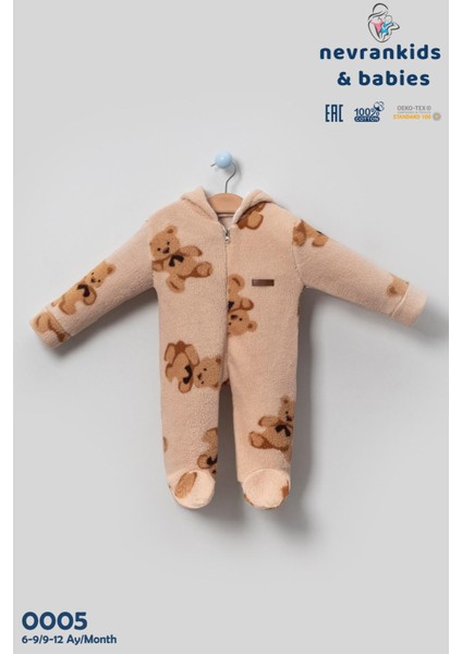 Unisex Bebek Welsoft Peluş Tulum Kapüşonlu Fermuarlı Ayıcık Desenli Kışlık