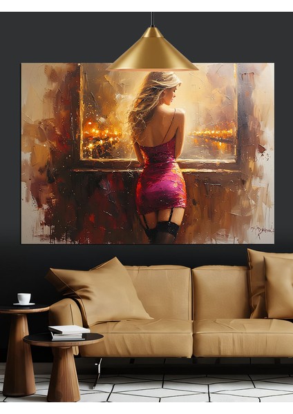 Şehir Manzarasında Pembe Elbiseli Kadın Dekoratif Kanvas - Mdf Ahşap Tablo