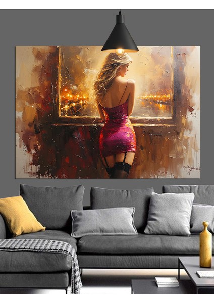Şehir Manzarasında Pembe Elbiseli Kadın Dekoratif Kanvas - Mdf Ahşap Tablo fiyatları