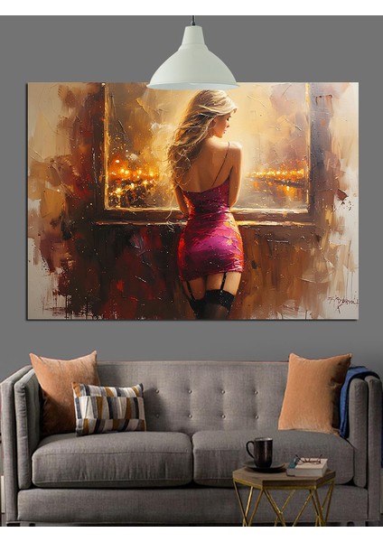 Şehir Manzarasında Pembe Elbiseli Kadın Dekoratif Kanvas - Mdf Ahşap Tablo modelleri