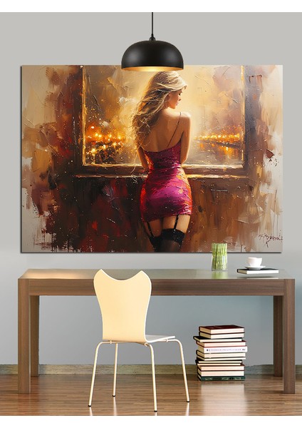 Şehir Manzarasında Pembe Elbiseli Kadın Dekoratif Kanvas - Mdf Ahşap Tablo fırsatları