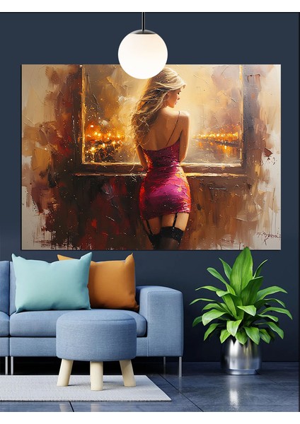 Şehir Manzarasında Pembe Elbiseli Kadın Dekoratif Kanvas - Mdf Ahşap Tablo indirimleri