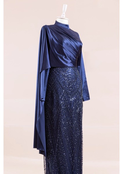 Saten ve Taşlı Pelerinli Tesettür Abiye fiyatları