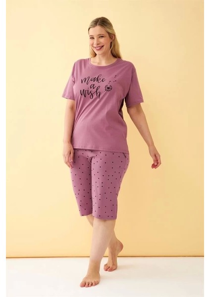 Kadın Mürdüm “make A Wish” Yazılı Büyük Beden Kapri Pijama Takımı
