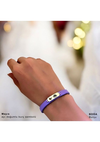 Altın Plakalı 14 Ayar Boğa Burçlarına Özel Doğal Mor Derili Kelebek Figürlü Hediye BILEKLIK-653BURÇ