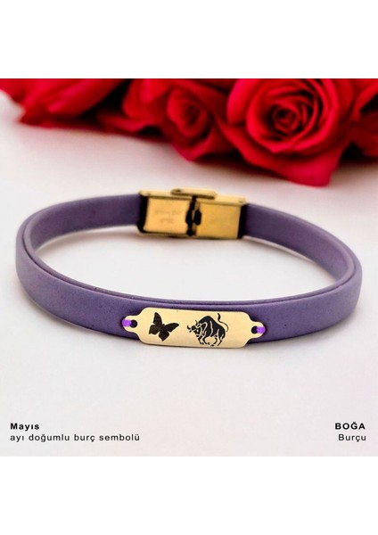 Altın Plakalı 14 Ayar Boğa Burçlarına Özel Doğal Mor Derili Kelebek Figürlü Hediye BILEKLIK-653BURÇ fiyatları